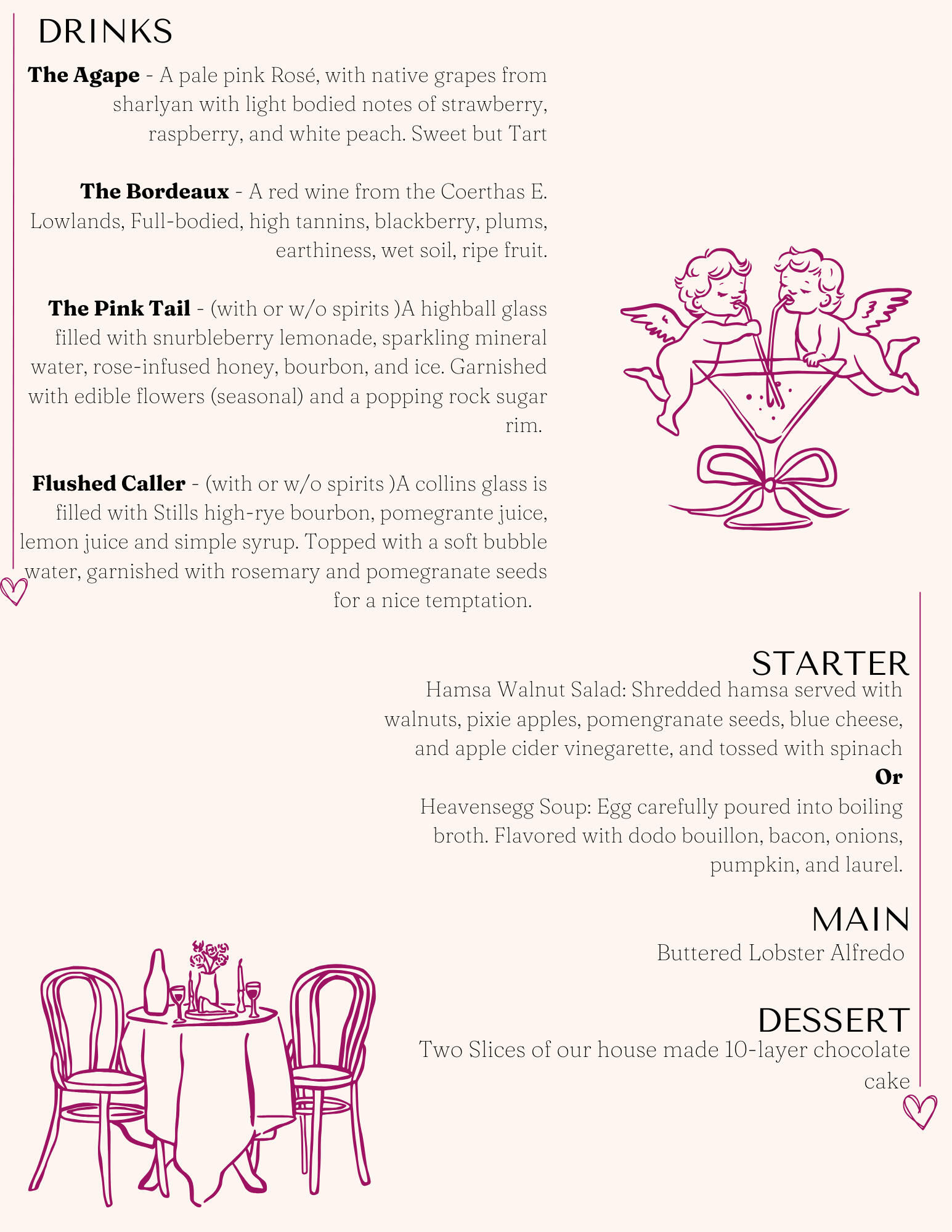 The alt text in carrd doesn't have enough characters for this menu graphic! The next tabs down have the menu listed in full.